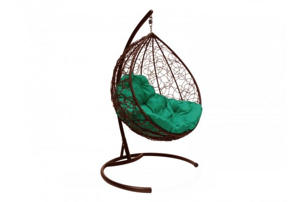 Подвесное кресло Кокон Капля ротанг каркас коричневый-подушка зелёная