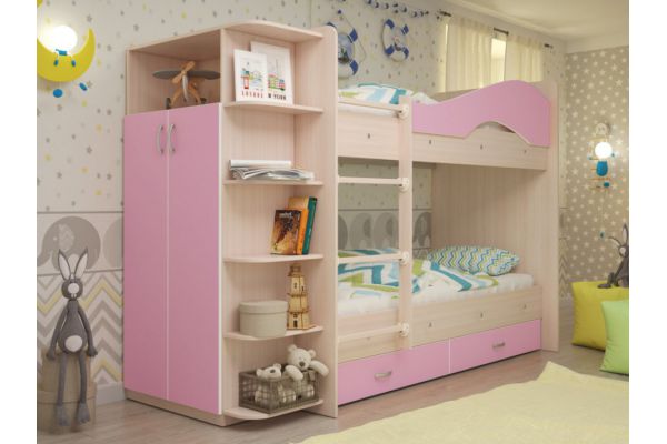 Кровать 2-х ярусная Мая с ящиками и шкафом розовая